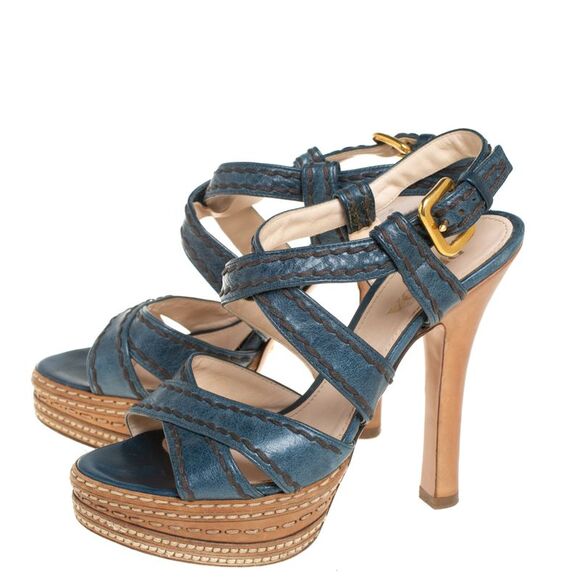 Prada Blue And Tan Leather Stitch Detail Cross Strap Platform Sandals Size 36 - Picture 4 of 4